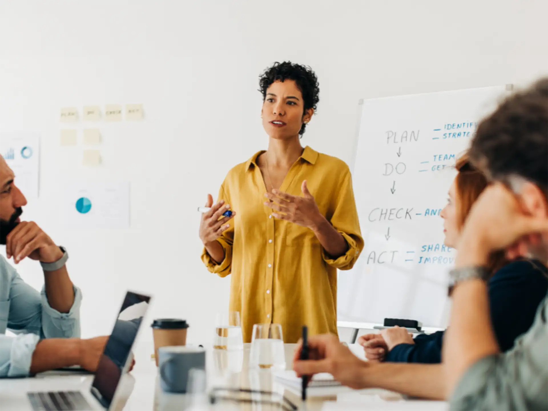 Woman presenting at a whiteboard to colleagues seated around a meeting table.